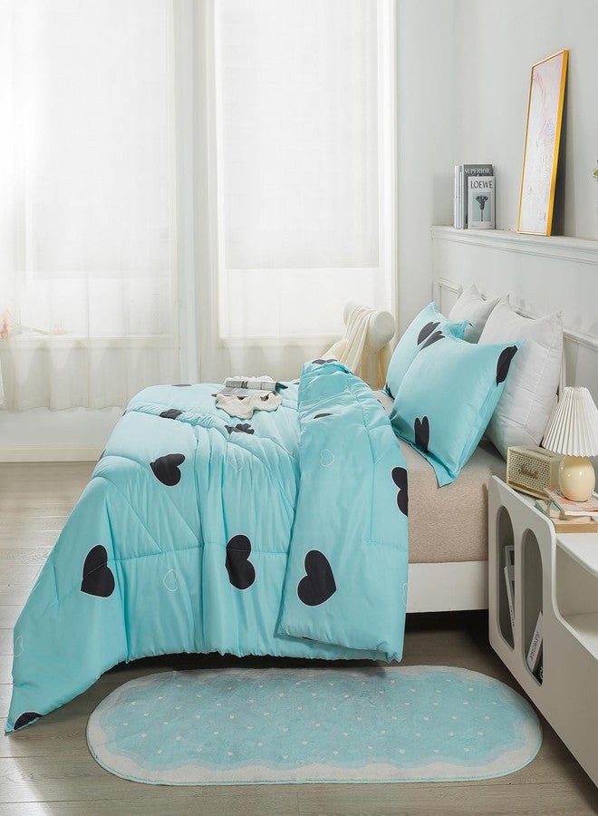 Caressma Comforter Set Twin Size - Light Blue Cute Heart Print Comforter Bedding Set, Soft Microfiber Comforter Set with Pillowsham - Image 4