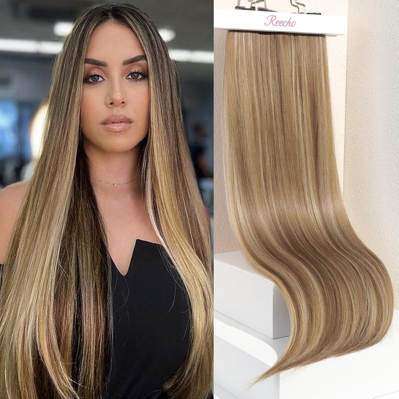 REECHO Clip in Hair Extensions Hair Extensions Thick Long Lace Weft Lightweight Synthetic Hairpieces for Women 24 Inch240 GramPack of 5 Dark Blonde with Light Blonde Highlights