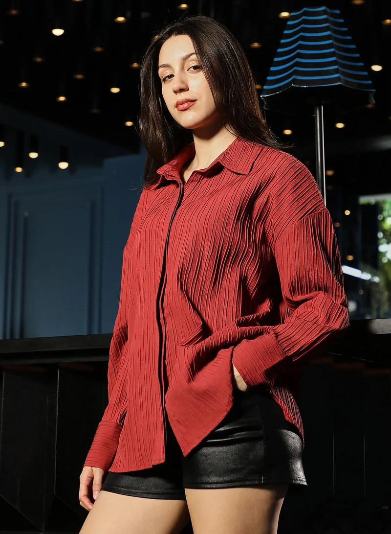 PINACOLADA Women's Pin-Tactile Oversized Shirt | Spread Collar , Long Button-Cuff Sleeves, Button Closure | Solid Textured Woven Shirt For Casual & Daily Wear | Brick Red