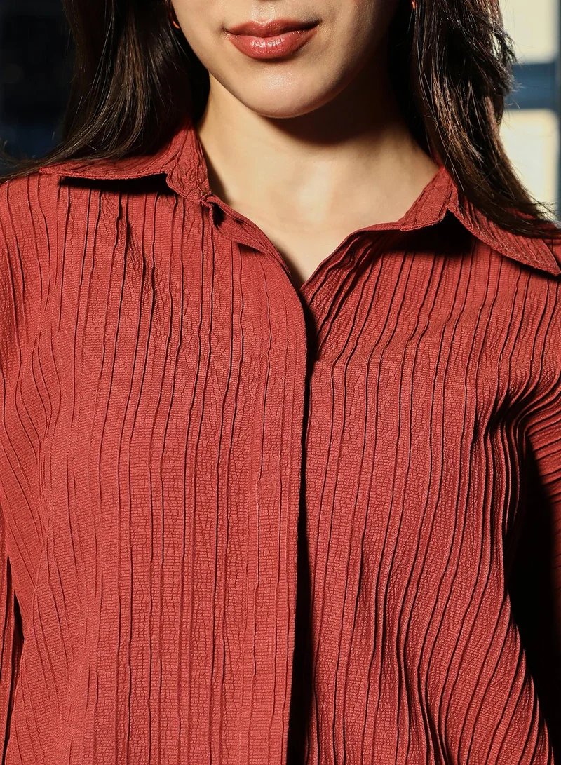 PINACOLADA Women's Pin-Tactile Oversized Shirt | Spread Collar , Long Button-Cuff Sleeves, Button Closure | Solid Textured Woven Shirt For Casual & Daily Wear | Brick Red