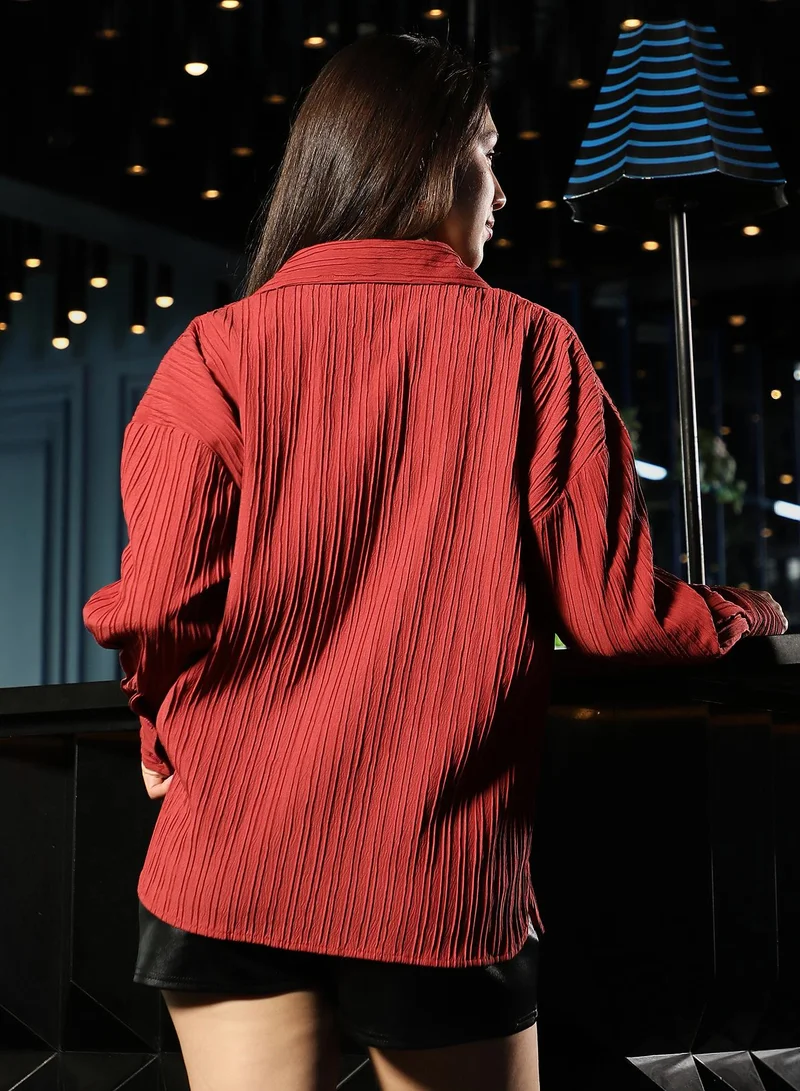 PINACOLADA Women's Pin-Tactile Oversized Shirt | Spread Collar , Long Button-Cuff Sleeves, Button Closure | Solid Textured Woven Shirt For Casual & Daily Wear | Brick Red