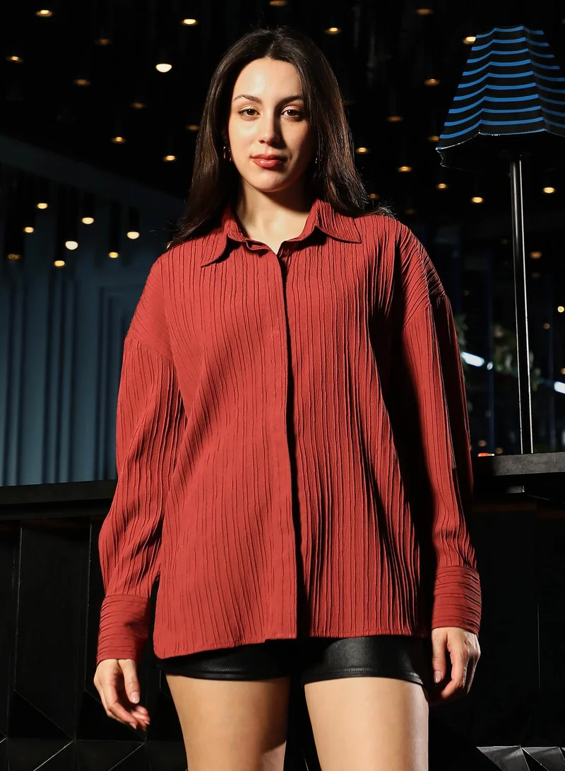 PINACOLADA Women's Pin-Tactile Oversized Shirt | Spread Collar , Long Button-Cuff Sleeves, Button Closure | Solid Textured Woven Shirt For Casual & Daily Wear | Brick Red