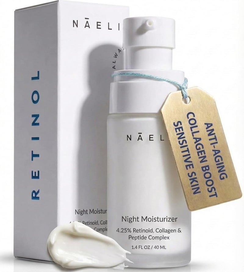 NAELI كريم الريتينويد - مرطب ليلي للوجه والرقبة بنسبة 4.25% ريتينول مع الكولاجين والبيبتيدات وحمض الهيالورونيك - كريم مضاد للشيخوخة للتجاعيد، يحسن لون البشرة وملمسها، 1.4 أونصة - Image 1