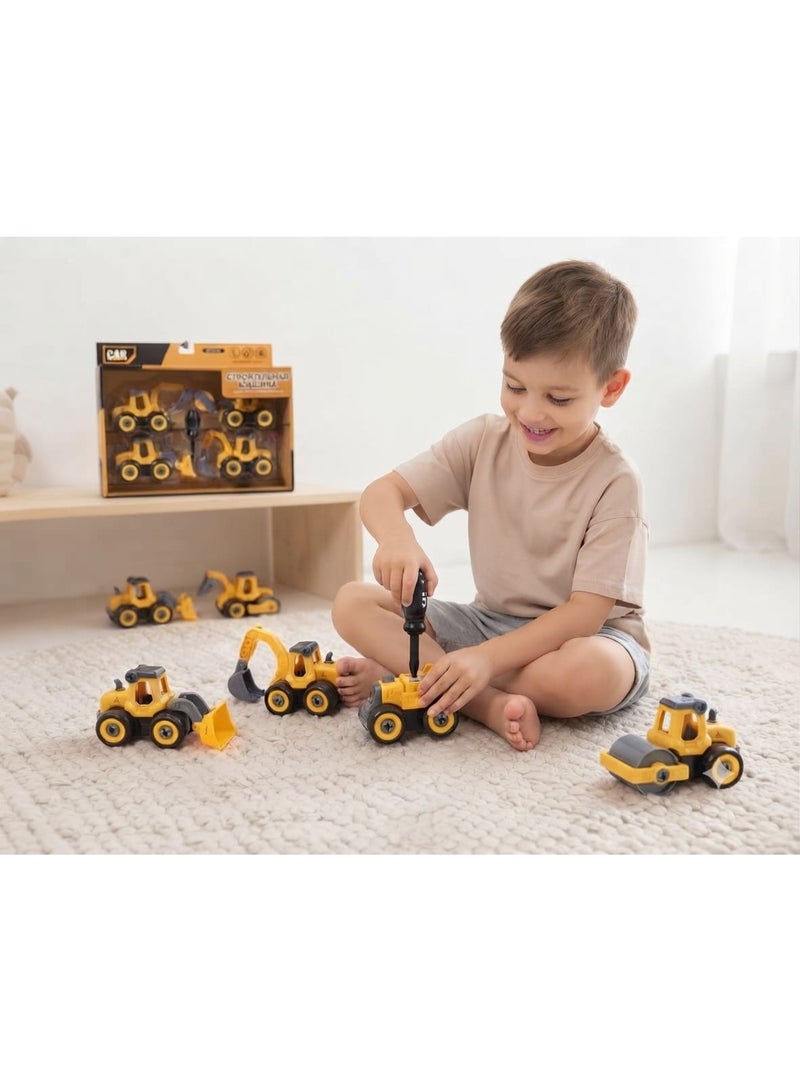 Construction Vehicle Toy Set 4 Pieces with Screwdriver DIY Take Apart Engineering Trucks for Kids Educational Building Vehicles Excavator Loader Toy Set for Boys and Girls Ages 3+ - Image 3