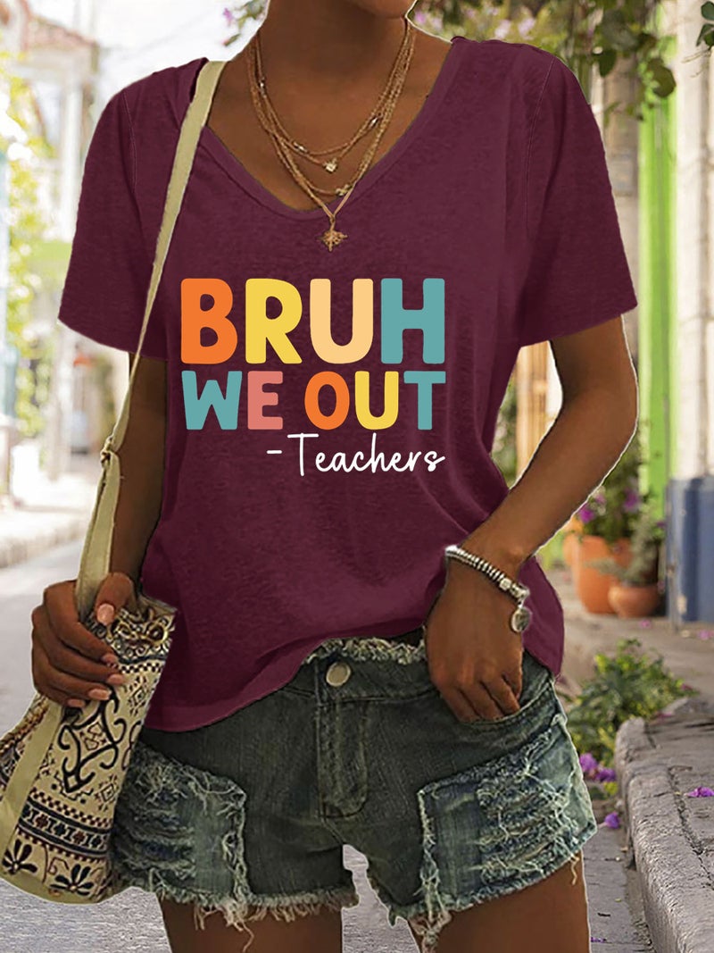 2024 Independent Station Printed Pitting V-Neck Short Sleeve T-Shirt Female - Image 1