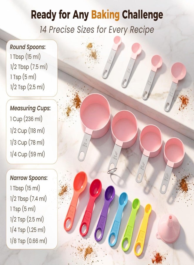 THLHKD 15 Pcs Measuring Cups and Spoons Set, Measuring Spoons Set with Stainless Steel Handles, Measure Spoon and Cup for Liquid & Dry Ingredients, Cute Pink & Colorful - Image 4