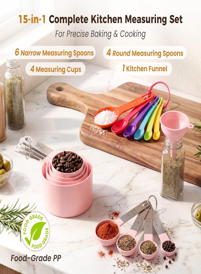 THLHKD 15 Pcs Measuring Cups and Spoons Set, Measuring Spoons Set with Stainless Steel Handles, Measure Spoon and Cup for Liquid & Dry Ingredients, Cute Pink & Colorful - Image 2