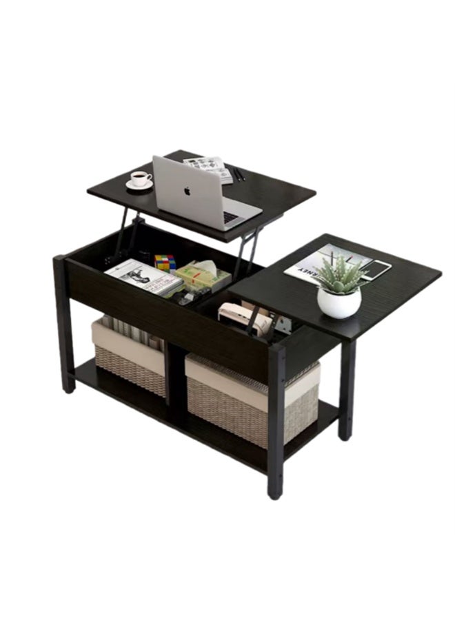 2-Tier Coffee Table, Modern Lift-Up Center Table with Hidden Storage and Open Compartment, Small Rising Wooden Dining Table Tea Desk Living Room Office Apartment (SJZ120, Black) - Image 2