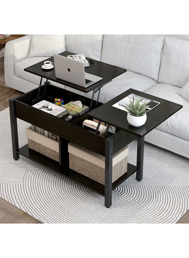 2-Tier Coffee Table, Modern Lift-Up Center Table with Hidden Storage and Open Compartment, Small Rising Wooden Dining Table Tea Desk Living Room Office Apartment (SJZ120, Black) - Image 1