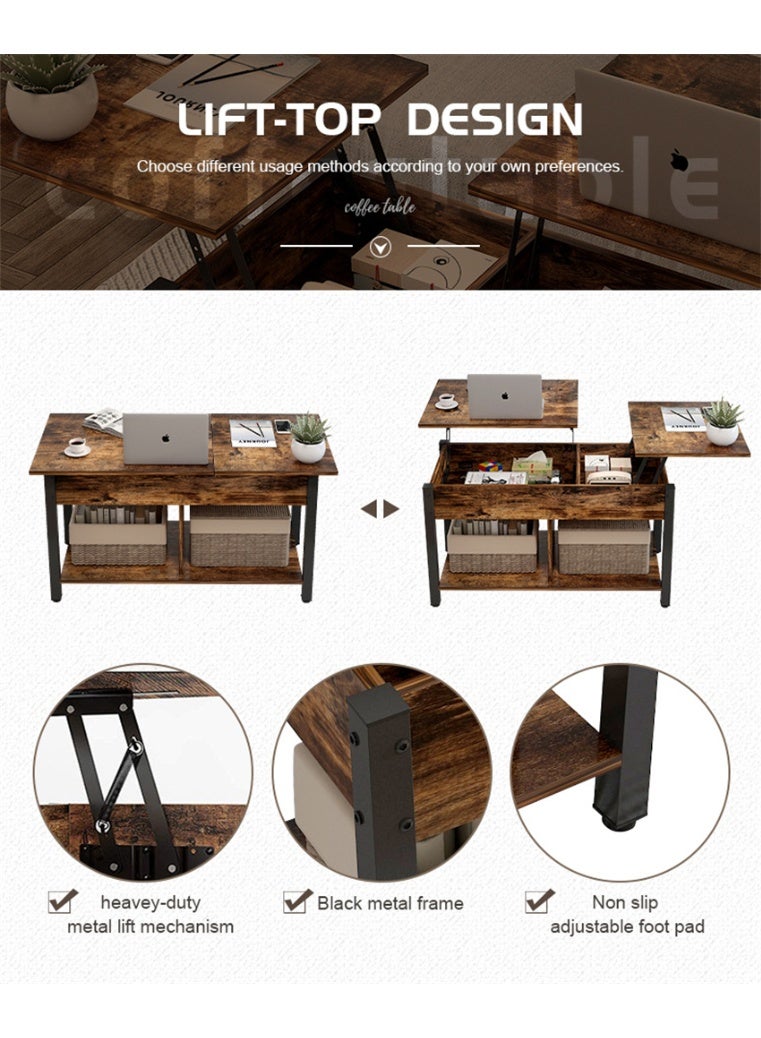 2-Tier Coffee Table, Modern Lift-Up Center Table with Hidden Storage and Open Compartment, Small Rising Wooden Dining Table Tea Desk Living Room Office Apartment (SJZ120, Black) - Image 3