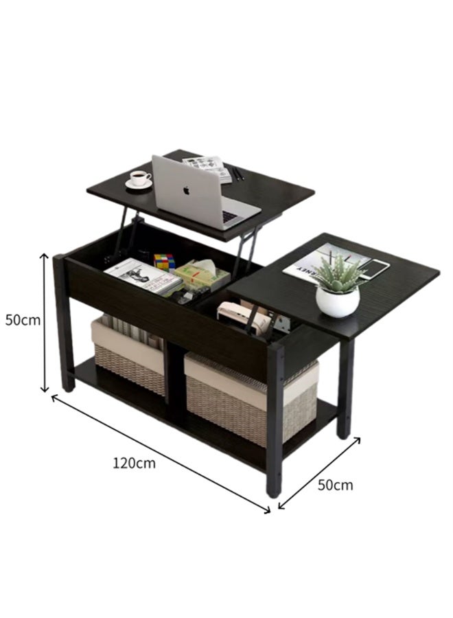 2-Tier Coffee Table, Modern Lift-Up Center Table with Hidden Storage and Open Compartment, Small Rising Wooden Dining Table Tea Desk Living Room Office Apartment (SJZ120, Black) - Image 4