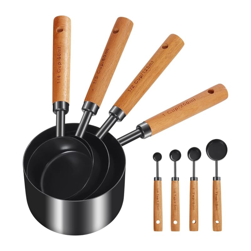 Royalkart Measuring Cups and Spoons with Wood Handle Set of 8, Stainless Steel, Black Polished Finish, Baking Tools, Dry & Liquid Measuring Cup for Cooking - Image 1