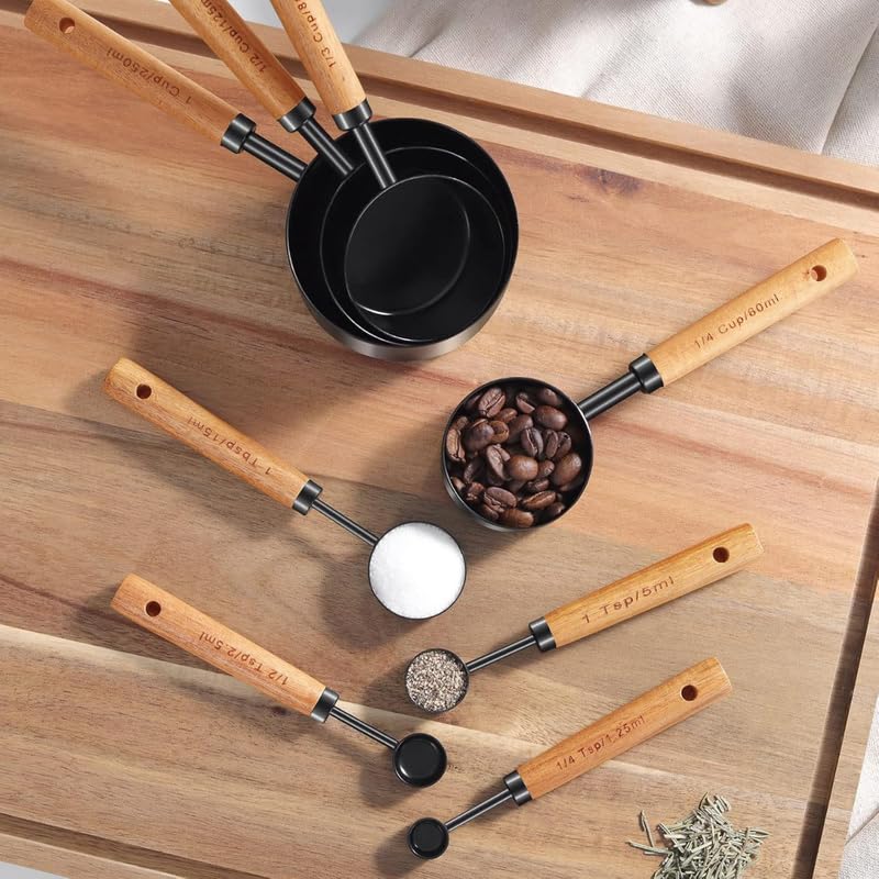 Royalkart Measuring Cups and Spoons with Wood Handle Set of 8, Stainless Steel, Black Polished Finish, Baking Tools, Dry & Liquid Measuring Cup for Cooking - Image 5