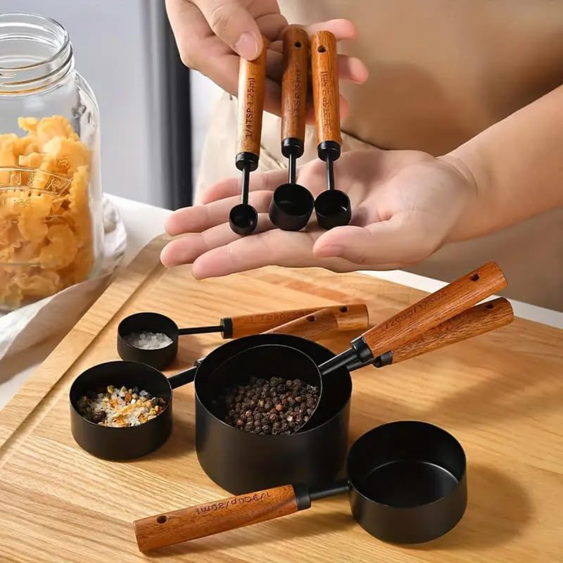 Royalkart Measuring Cups and Spoons with Wood Handle Set of 8, Stainless Steel, Black Polished Finish, Baking Tools, Dry & Liquid Measuring Cup for Cooking - Image 3
