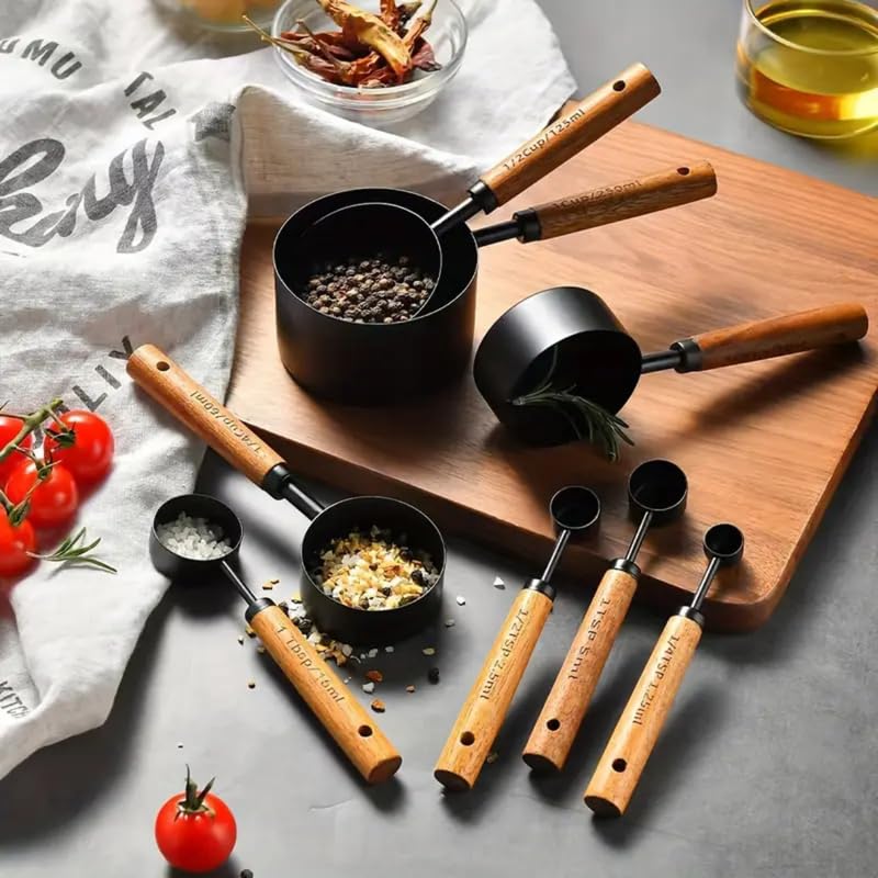 Royalkart Measuring Cups and Spoons with Wood Handle Set of 8, Stainless Steel, Black Polished Finish, Baking Tools, Dry & Liquid Measuring Cup for Cooking - Image 2