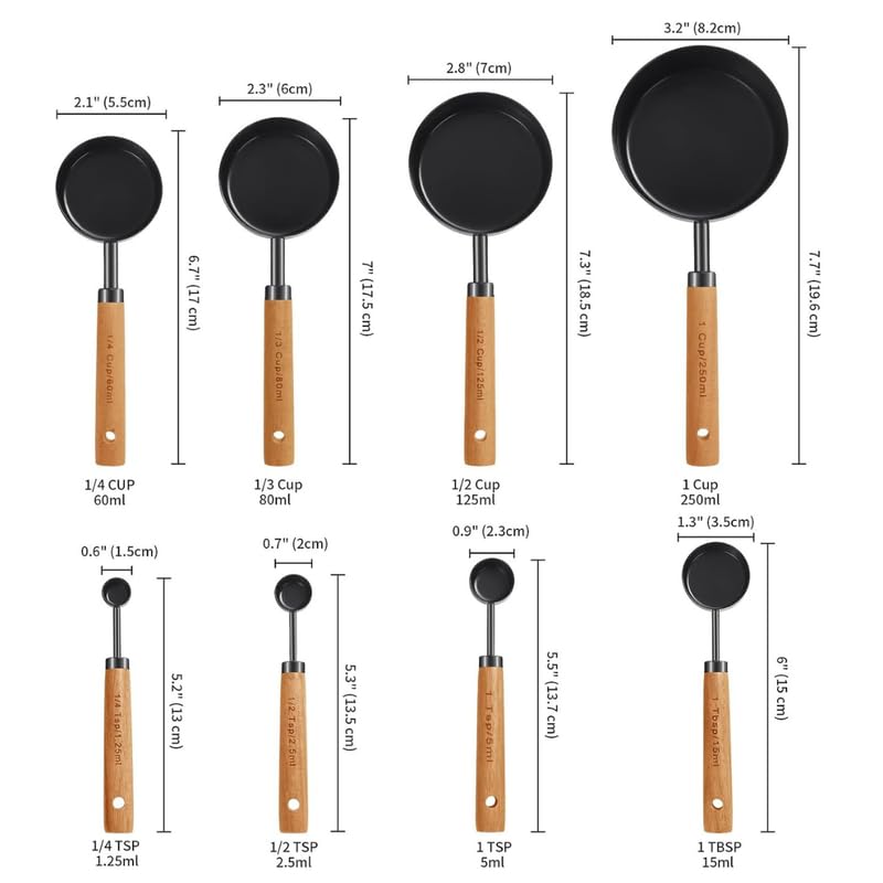 Royalkart Measuring Cups and Spoons with Wood Handle Set of 8, Stainless Steel, Black Polished Finish, Baking Tools, Dry & Liquid Measuring Cup for Cooking - Image 4