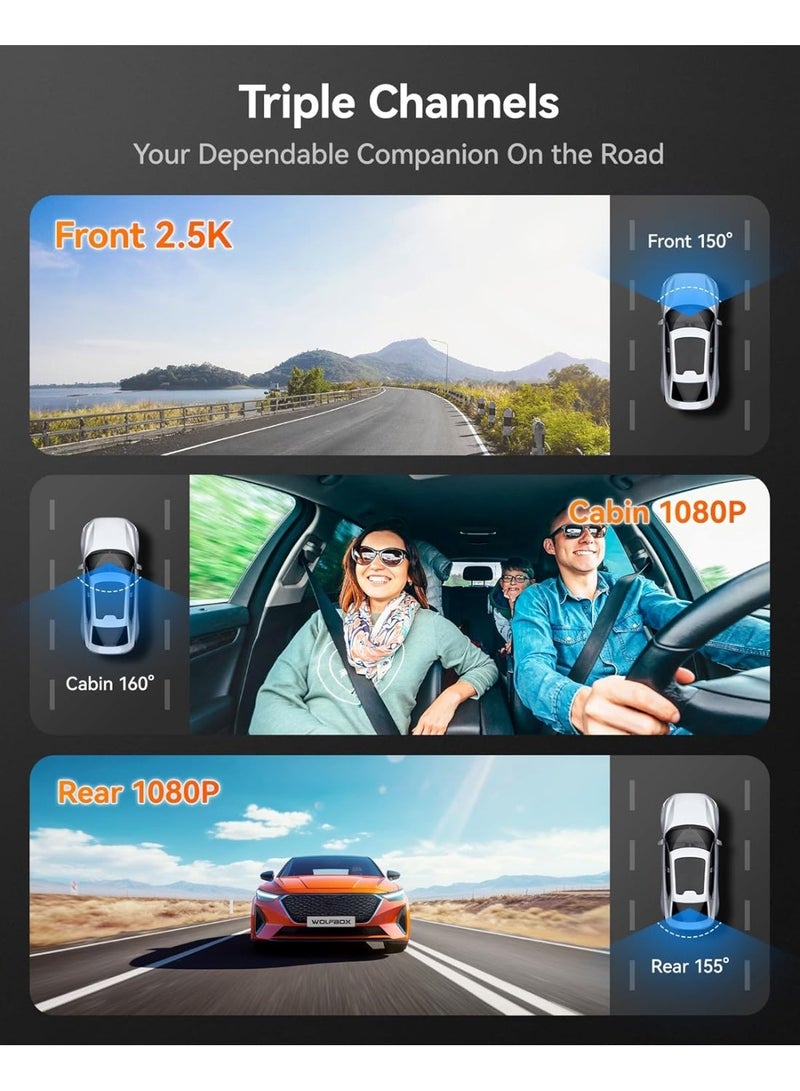 WOLFBOX i07 Dash Cam 3 Channel with WiFi GPS, 4K Dash Camera Front and Inside, 3 Way Dash Camera for Cars, 3" LCD Dash Cam Front and Rear, Super IR Night Vision, 24H Time Lapse, Support 512GB Max - Image 4