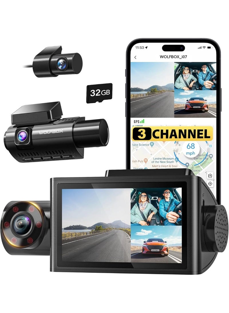 WOLFBOX i07 Dash Cam 3 Channel with WiFi GPS, 4K Dash Camera Front and Inside, 3 Way Dash Camera for Cars, 3" LCD Dash Cam Front and Rear, Super IR Night Vision, 24H Time Lapse, Support 512GB Max - Image 1