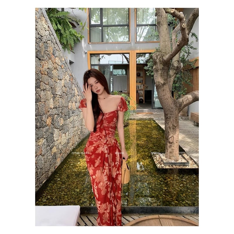 Retro Red Square Neck Jacquard Dress for Women - Image 2