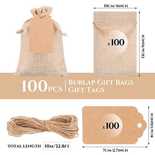 Woanger 100 Pcs Burlap Gift Bags with 100 Pcs Kraft Paper Gift Tags with Drawstring Favor Bulk Burlap Sack Bags for DIY Wedding Party Craft4 x 6 InchLight Brown - Image 3
