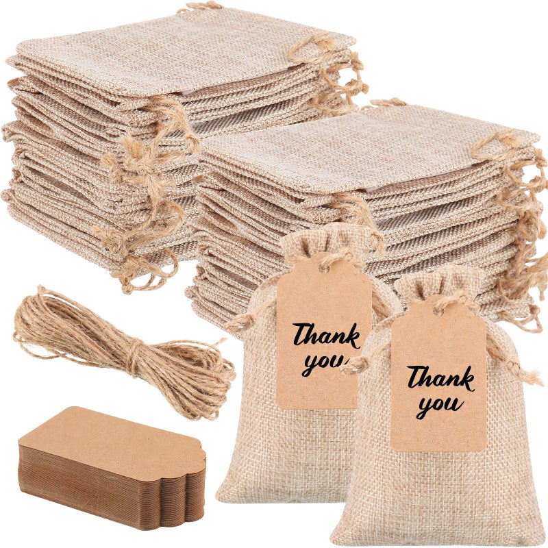 Woanger 100 Pcs Burlap Gift Bags with 100 Pcs Kraft Paper Gift Tags with Drawstring Favor Bulk Burlap Sack Bags for DIY Wedding Party Craft4 x 6 InchLight Brown - Image 2
