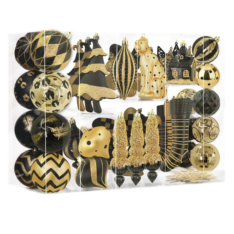 SHareconn 145pcs Christmas Balls Ornaments Set Shatterproof Plastic Baubles Snowflakes Stars and Tree Topper for Xmas Tree Holiday Wedding Party Decorations with Hanging StringsLight Gold and Black