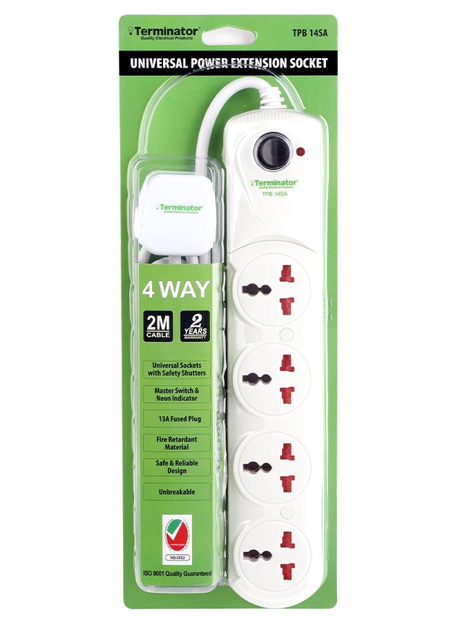 Terminator 4 Way Universal Power Extension Socket With Master Switch & Indicator 1.00mm2 Cable 2M 13A Fused Plug 