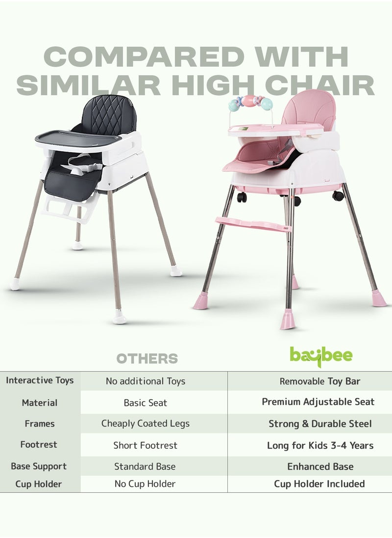 BAYBEE 4 In 1 Nora Convertible High Chair For Kids With Adjustable Height And Footrest Baby Toddler Feeding Booster Seat With Tray Safety Belt Kids High Chair For Baby 6 Months To 4 Years Pink  - Image 2