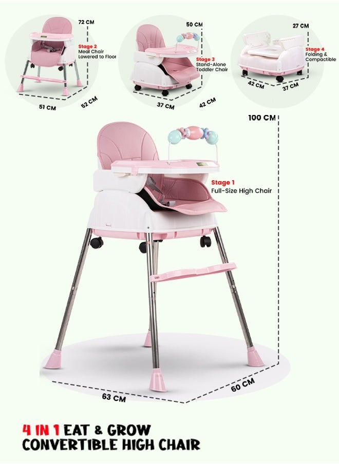 BAYBEE - 4 In 1 Nora Convertible High Chair For Kids With Adjustable Height And Footrest Baby Toddler Feeding Booster Seat With Tray Safety Belt Kids High Chair For Baby 6 Months To 4 Years Pink - Image 1