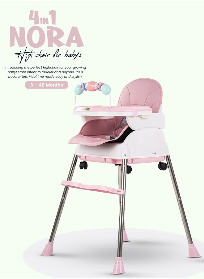 BAYBEE - 4 In 1 Nora Convertible High Chair For Kids With Adjustable Height And Footrest Baby Toddler Feeding Booster Seat With Tray Safety Belt Kids High Chair For Baby 6 Months To 4 Years Pink - Image 1