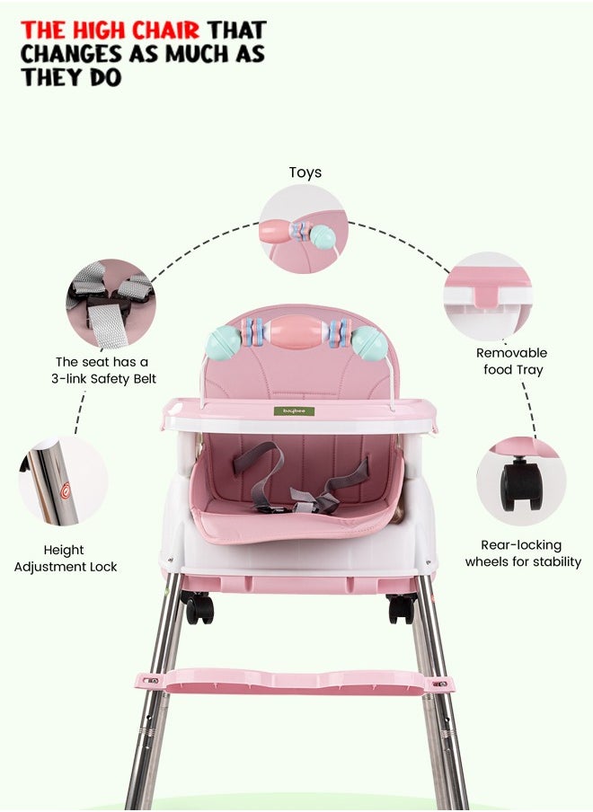 BAYBEE - 4 In 1 Nora Convertible High Chair For Kids With Adjustable Height And Footrest Baby Toddler Feeding Booster Seat With Tray Safety Belt Kids High Chair For Baby 6 Months To 4 Years Pink - Image 1