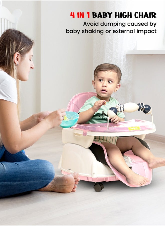 BAYBEE - 4 In 1 Nora Convertible High Chair For Kids With Adjustable Height And Footrest Baby Toddler Feeding Booster Seat With Tray Safety Belt Kids High Chair For Baby 6 Months To 4 Years Pink - Image 1