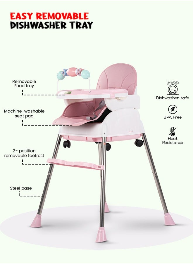 BAYBEE - 4 In 1 Nora Convertible High Chair For Kids With Adjustable Height And Footrest Baby Toddler Feeding Booster Seat With Tray Safety Belt Kids High Chair For Baby 6 Months To 4 Years Pink - Image 1