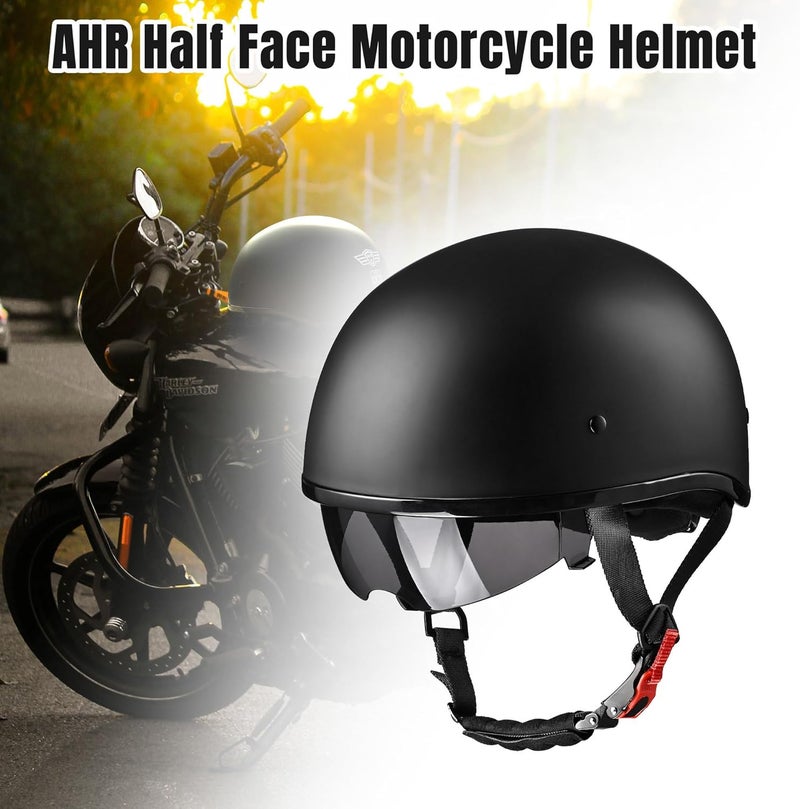 AHR Half Face Motorcycle Helmet with Sun Visor - DOT Approved, Matte Black - Image 3