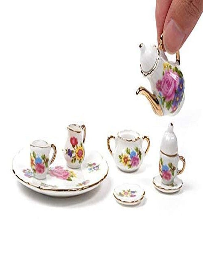 EatingBiting Collection Level 1:12 Scale 1/12 8PCS Elegant Flora Miniature mini House Porcelain Tea Dish, Teapot, Cup, Plate Craft Set, DIY Scene Home Furniture Accessories - Image 1