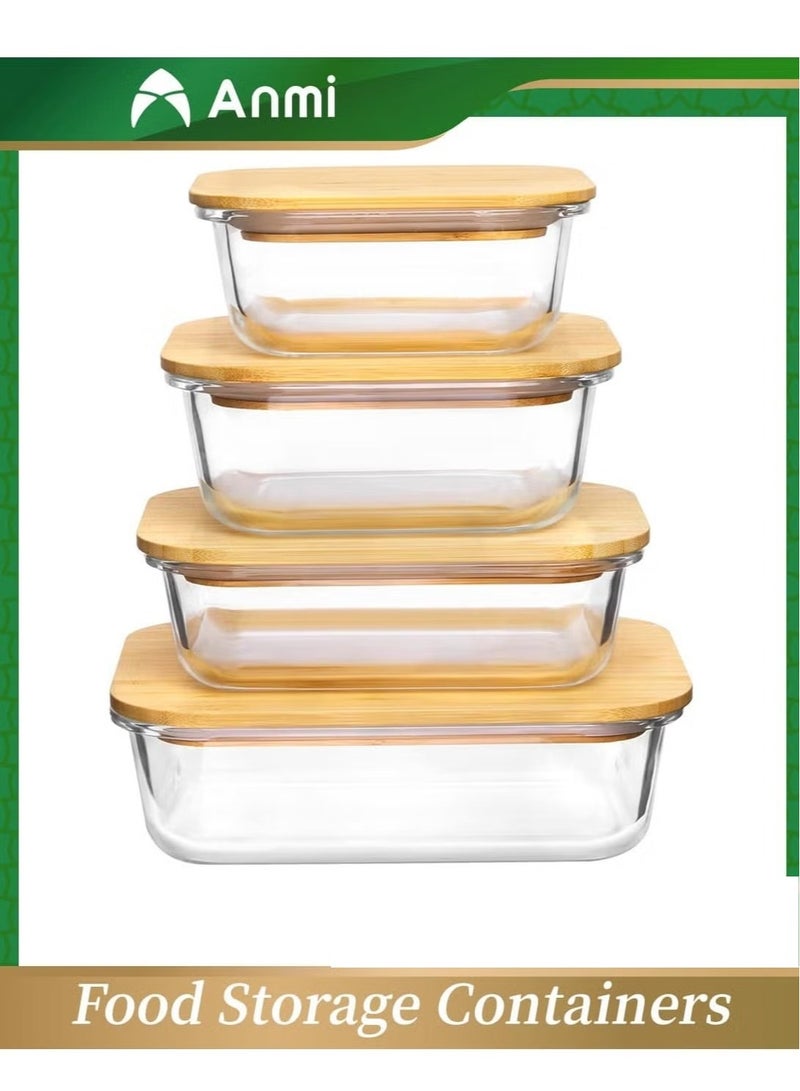 Anmi Anmi Glass Food Storage Containers with Bamboo Lids, 4 Pack Meal Prep Glass Containers Bento Lunch Box, Safe for Microwave, Oven, Freezer and Dishwasher, BPA Free 