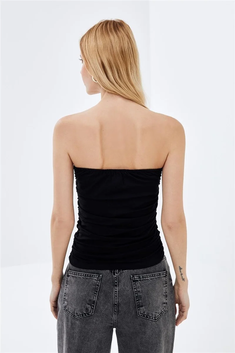 Pieces Of Melon Black Strapless V Buckled Gathered Blouse