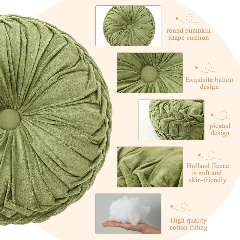 Drydiet 1 Pcs Round Throw Velvet Pillows Decorative Pleated Throw Pillows 15'' Diameter Accent Pumpkin Boho Chair Cushion for Couch Sofa Home Decoration (Olive Green) - Image 3