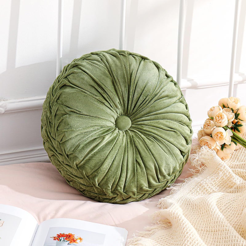 Drydiet 1 Pcs Round Throw Velvet Pillows Decorative Pleated Throw Pillows 15'' Diameter Accent Pumpkin Boho Chair Cushion for Couch Sofa Home Decoration (Olive Green) - Image 1