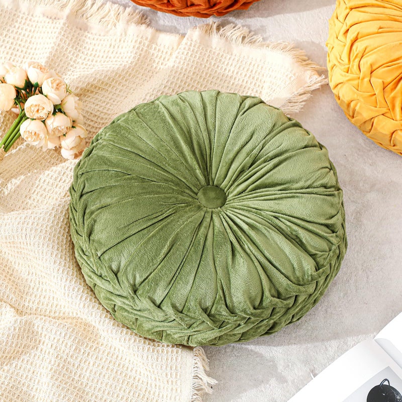 Drydiet 1 Pcs Round Throw Velvet Pillows Decorative Pleated Throw Pillows 15'' Diameter Accent Pumpkin Boho Chair Cushion for Couch Sofa Home Decoration (Olive Green) - Image 5