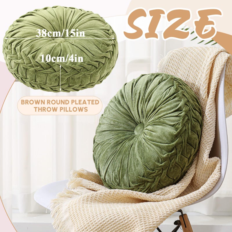 Drydiet 1 Pcs Round Throw Velvet Pillows Decorative Pleated Throw Pillows 15'' Diameter Accent Pumpkin Boho Chair Cushion for Couch Sofa Home Decoration (Olive Green) - Image 2