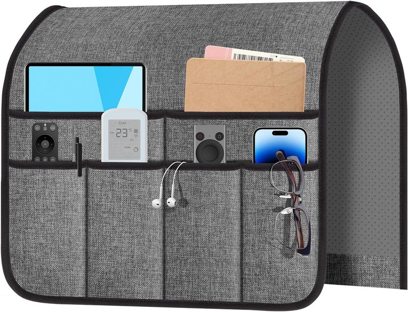 Meeall Armchair Caddy & Remote Control Holder for Couch & Recliner | Non-Slip Armrest Organizer with 6 Pockets for TV Remote, Phone, Tablet, Magazine & More, Gray - Image 1