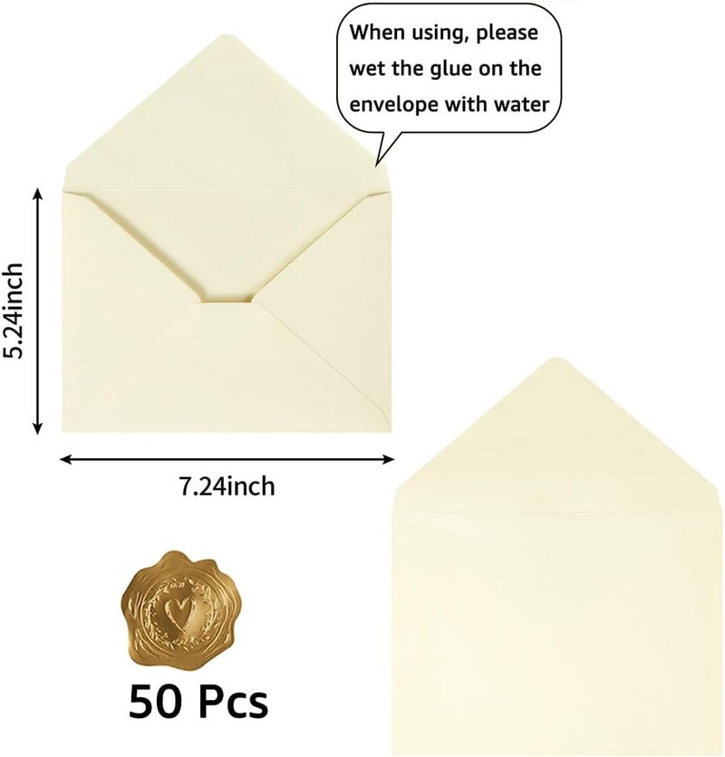 Toperd 50 Pack A7 Colorful 5x7 Envelopes V Flap Invitation Envelopes for 5x7 Cards, Birthday, Weddings, Graduations, Greeting Cards, Baby Shower 5.24 x 7.24 Inches (Cream Color) - Image 2