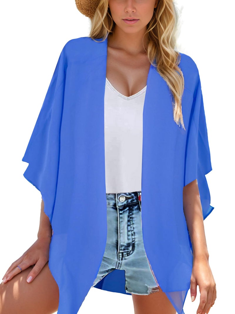 Moss Rose Women's Beach Kimono Coverup Sheer Chiffon Cover Ups, Casual Loose Open Front Cardigan Tops Solid Blue - Image 1