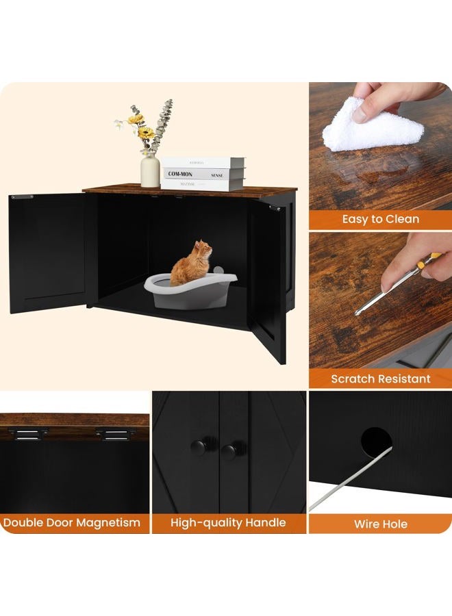 Dwanton Litter Box Enclosure, Cat Litter Box Furniture Hidden, Reversible Entrance Can Be on Left or Right Side, Wooden Cat Washroom Indoor, Black and Rustic Brown, 27.6 Inches - Image 5