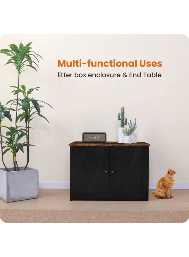 Dwanton Litter Box Enclosure, Cat Litter Box Furniture Hidden, Reversible Entrance Can Be on Left or Right Side, Wooden Cat Washroom Indoor, Black and Rustic Brown, 27.6 Inches - Image 2