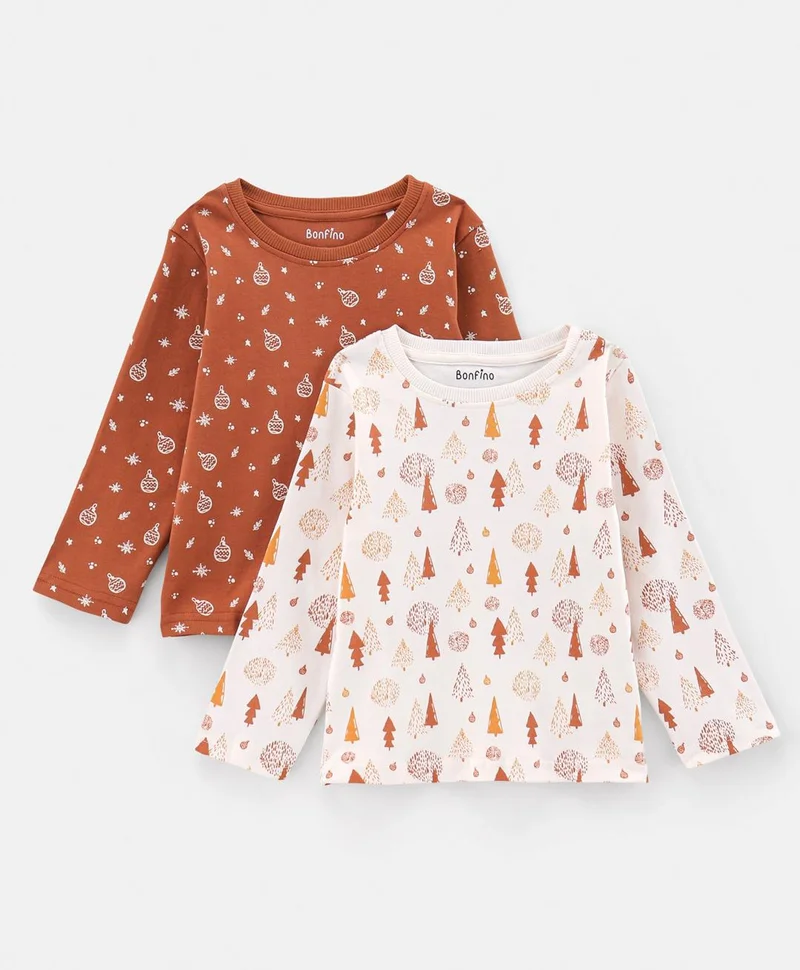 Bonfino Bonfino Full Sleeves T-Shirt  Christmas Theme Printed Pack of 2 - Brown & Beige