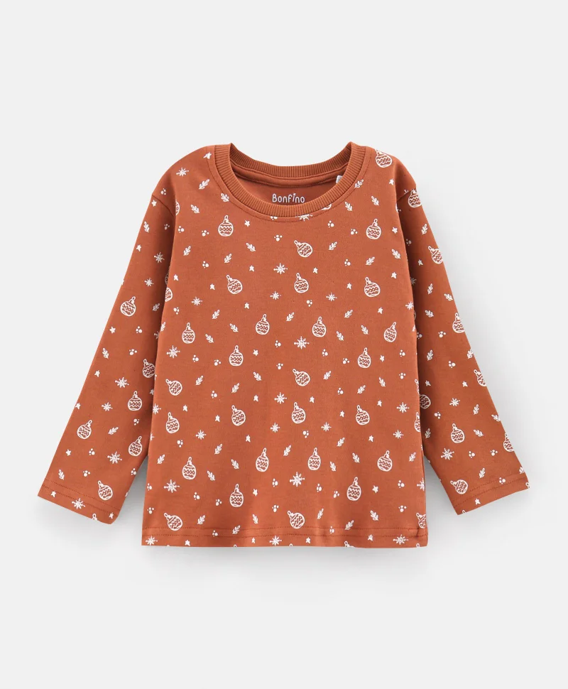 Bonfino Bonfino Full Sleeves T-Shirt  Christmas Theme Printed Pack of 2 - Brown & Beige