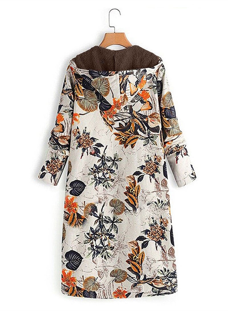 Loquat Autumn And Winter Thick Printed Women's Hooded Slim-Fit Long Warm Coat Beige  - Image 2