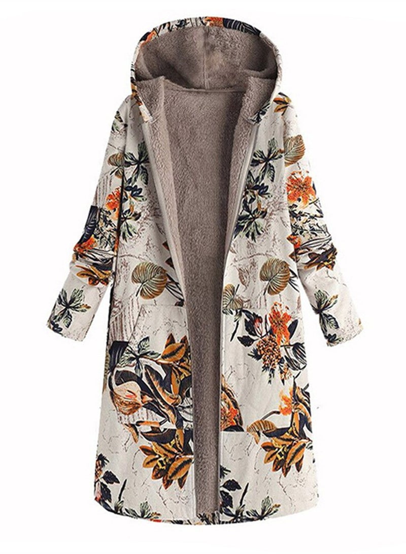 Loquat Autumn And Winter Thick Printed Women's Hooded Slim-Fit Long Warm Coat Beige  - Image 1